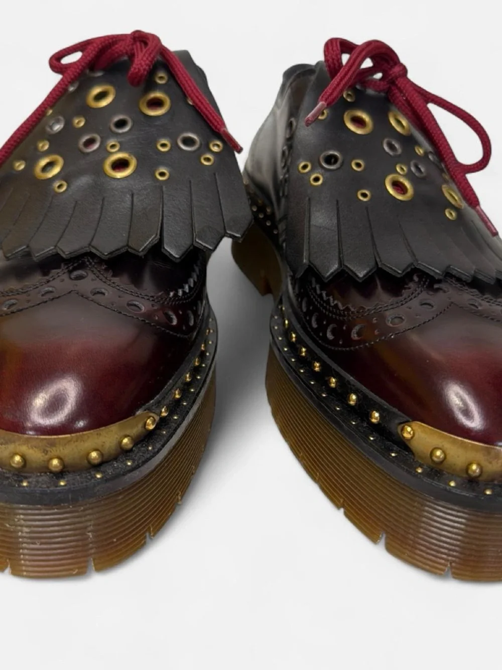 Burberry Black & Burgundy Platform Brogue Oxfords with Gold Accents